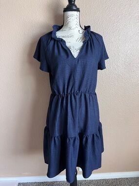 Zoey & Leelo Navy Blue Tiered Ruffle Flutter Boho Short Sleeve Dress Large New